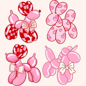 May include: Four pink balloon animals with different designs. One is a poodle with a red and white checkered pattern, another is a poodle with a pink heart pattern, another is a poodle with a red and white checkered pattern, and the last is a unicorn with a pink heart pattern.