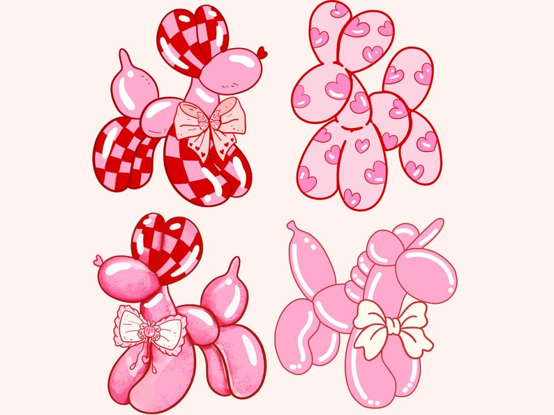 May include: Four pink balloon animals with different designs. One is a poodle with a red and white checkered pattern, another is a poodle with a pink heart pattern, another is a poodle with a red and white checkered pattern, and the last is a unicorn with a pink heart pattern.