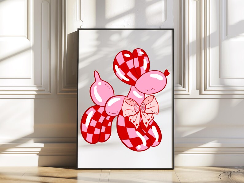 May include: A pink and red checkered balloon animal shaped like a poodle with a pink and white bow. The balloon animal is on a white background.