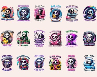 Pacote fofo de Ceifador PNG, Ceifador PNG moderno de Halloween, Sublimação de esqueleto, Pacote de camisetas de Ceifador, Ceifador engraçado de Halloween