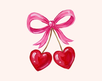 Coquette Cherry Bow PNG, Valentines Bow Png, Red Hearts Cherry, Pink Bow Valentines Png, Valentines Shirt for Her, Digital Download Vday PNG