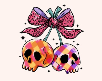 Coquette Halloween Skull PNG: Cherry Bow Gothic Design Digital Download