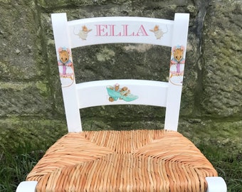 Rush seat personalised children's chair - little mouse beatrix potter chair theme - made to order