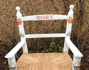 Upcycled rush seat personalised children's chair - Boat theme - made to order