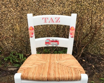 Upcycled rush seat personalised children's chair - Fire Engine theme - made to order