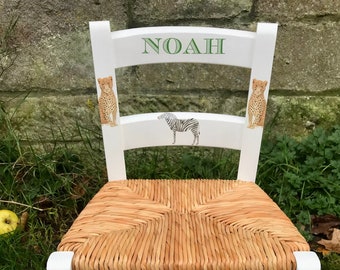 Upcycled rush seat personalised children's chair - On Safari theme - made to order