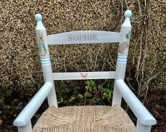 Upcycled rush seat personalised children's chair - Strawberry Beatrix theme - made to order