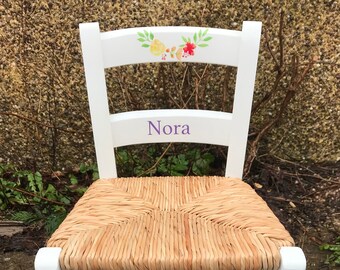 Upcycled rush seat personalised children's chair - Flower garland theme - made to order