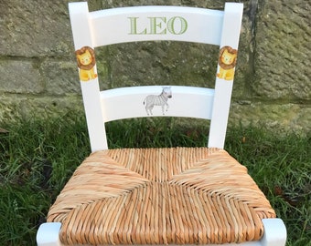 Upcycled rush seat personalised children's chair - Sweet Safari theme - made to order