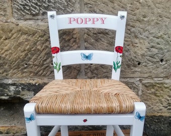 Rush seat personalised children's chair - Poppy Field Theme - made to order