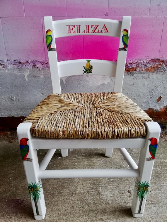 Upcycled Rush Seat Personalised Children's Chair Tropical Theme