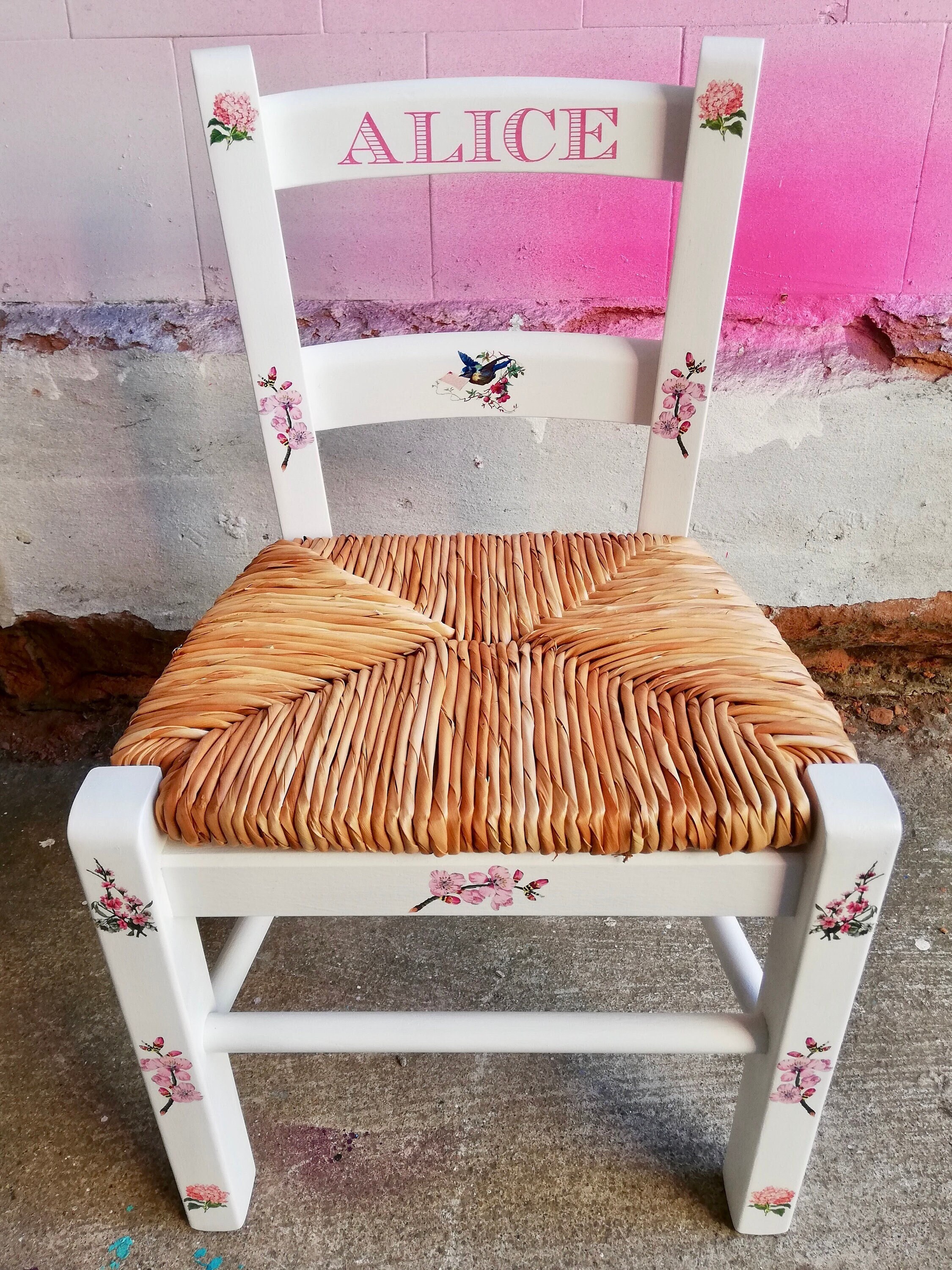 Upcycled Rush Seat Personalised Children s Chair Blossom Bird