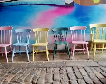 Mismatched vintage dining chairs - custom set painted to order please contact me for a delivery quote