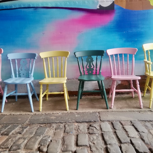 Mismatched vintage dining chairs in Little Greene eggshell paint - custom set painted to order please contact me for a delivery quote