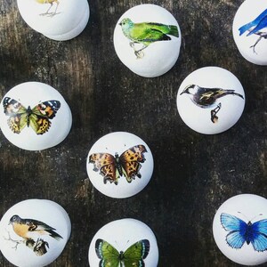 May include: Nine white round ornaments featuring various nature-themed designs. The ornaments depict butterflies, birds, and a green leaf. These ornaments are ideal for decorating a home or adding a touch of nature to any space.
