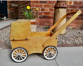 Children's vintage wooden toy pram available for painting and personalisation