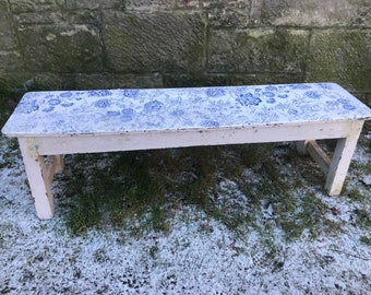 Beautiful antique teak 1920's original painted bench in white original paintwork and new floral blue design added.