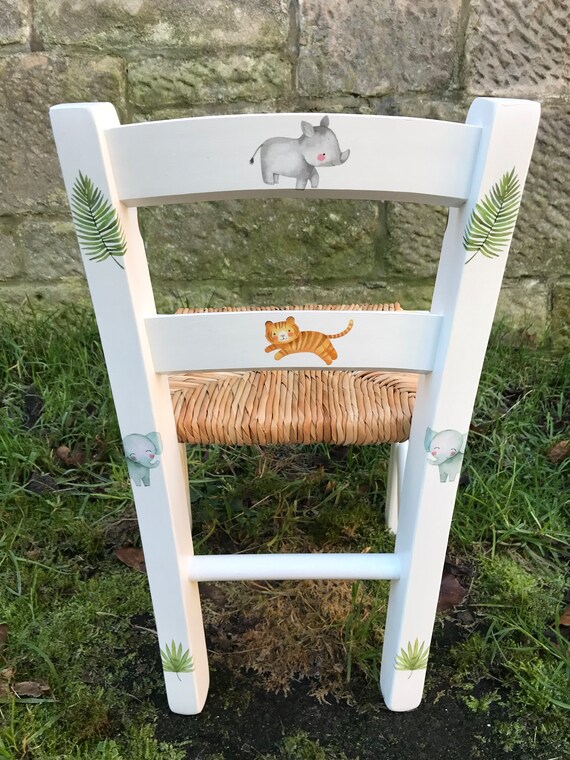 Upcycled Rush Seat Personalised Children's Chair Sweet Safari