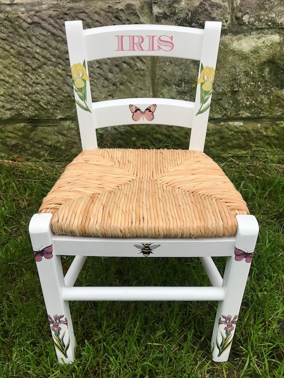 Upcycled Rush Seat Personalised Children's Chair Iris Theme