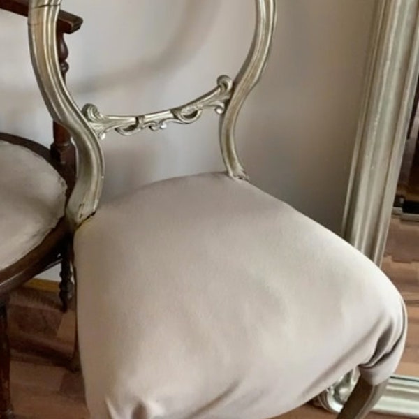 Antique vintage bedroom chair available for reupholstery and painting your choice of colour. Price includes upholstery and painting