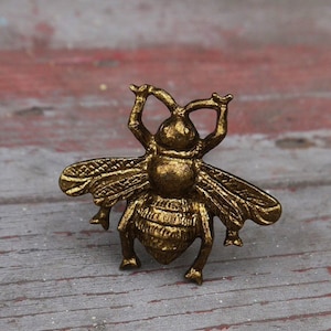 May include: A gold-coloured metal bee figurine with raised wings and legs. The bee is sitting on a wooden surface.