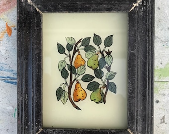 Vintage glass painting of pears in a beautiful original frame