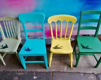 Mismatch Vintage dining chairs with vintage bird design - PAINTED TO ORDER contact me with your postcode for a shipping quote.