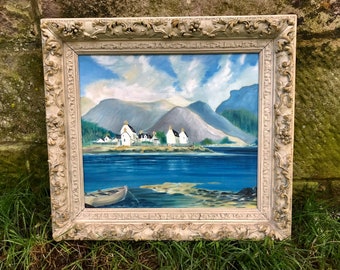 Vintage framed Scottish loch fishing village canvas painting