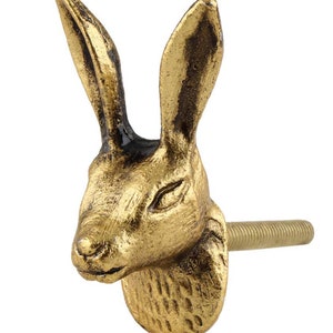 May include: A gold-coloured metal cabinet knob shaped like a rabbit's head. The knob has a textured finish and detailed features, including long ears. The threaded bolt extends from the back for attaching to furniture. A decorative item.