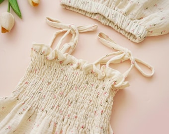 Girls Muslin Cotton Two-Piece Set | Smocked Top, Wide Leg Pants, Boho Playwear (1-5Y)