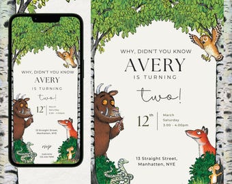 May include: A birthday invitation design featuring illustrations of forest creatures and trees. The invitation includes the text "Why, didn't you know Avery is turning two!" and event details. The design is displayed on a phone and a card.