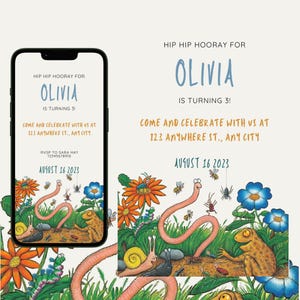 May include: A digital invitation for Olivia's 3rd birthday. The design features whimsical illustrations of worms, snails, insects, and flowers. The text reads "Hip Hip Hooray for Olivia, is turning 3!" and includes event details.