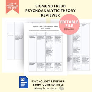May include: A white study guide titled "Sigmund Freud Psychoanalytic Theory Reviewer" with detailed information on the subject. The guide includes the text "Easy to Personalize and Send!" and "Editable File Easy Access". A psychology study guide is also visible.