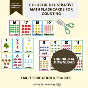 Cartes-éclair mathématiques illustratives colorées pour compter, téléchargement numérique amusant pour les élèves du préscolaire, de l'élémentaire, de l'apprentissage par le jeu
