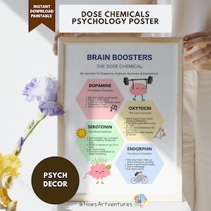 Op de afbeelding: Een ingelijste poster getiteld "DOSE CHEMICALS PSYCHOLOGY POSTER" met de tekst "Brain Boosters" en informatie over Dopamine, Oxytocine, Serotonine en Endorfine. De poster heeft een licht houten frame en wordt door een persoon vastgehouden.