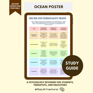 Puede incluir: Una guía de estudio imprimible digital "Ocean Poster" en una tableta, que detalla los cinco grandes rasgos de personalidad. El póster incluye descripciones, puntuaciones altas y bajas para cada rasgo, y está diseñado para estudiantes, terapeutas y educadores.
