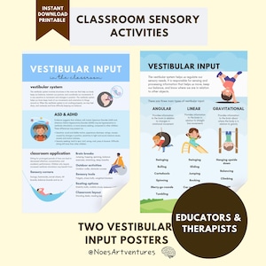 Puede incluir: Dos carteles imprimibles con información sobre la entrada vestibular en el aula. Los carteles incluyen texto e ilustraciones sobre el sistema vestibular, TEA y TDAH, y aplicaciones en el aula. Diseñado para educadores y terapeutas.