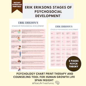 Könnte beinhalten: Zwei druckbare Psychologie-Diagramme, die die Stadien der psychosozialen Entwicklung von Erik Erikson detailliert beschreiben. Die Diagramme enthalten Text und Illustrationen mit den Worten "Sofortiger Download Druckbar" oben. Die Diagramme sind als Therapie- und Beratungswerkzeug konzipiert.