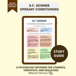 Puede incluir: Guía de estudio digital en una tableta, que detalla el condicionamiento operante de B.F. Skinner. La guía incluye secciones sobre refuerzo y castigo positivos y negativos. El texto está en negro, rojo, azul, amarillo y verde sobre fondo blanco.