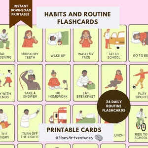 大人と子供のための日常習慣フラッシュカード 特別なニーズのある方向け 印刷可能な緑色のスケジュール 24枚のカード セラピーツール ASD ADHD コミュニケーションカード