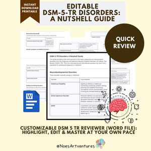 May include: A printable guide titled "Editable DSM-5-TR Disorders: A Nutshell Guide" with a Word file icon. The guide includes information on neurodevelopmental disorders and core features. A quick review circle is on the right.