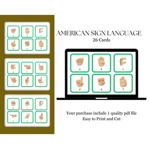 ASL American Sign Language Alphabet Flashcards in Green White Simple Style Non verbal Printable Learning Tool Deaf Fingerspelling Practice