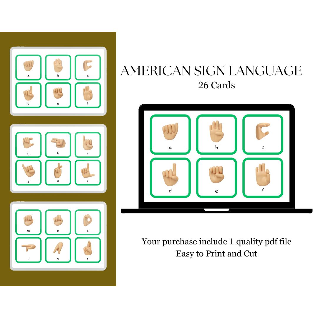 ASL American Sign Language Alphabet Flashcards in Green White Simple ...