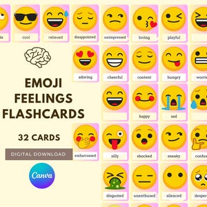 Flashcards de Regulação Emocional 32 Cartões de Sentimentos Emoji Ferramenta de Aprendizagem Sócio Emocional PDF Digital Download Instantâneo para SEL e Terapia Rosa