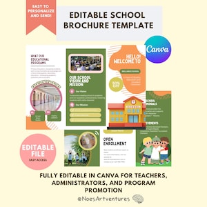 May include: An editable school brochure template with the text "EDITABLE SCHOOL BROCHURE TEMPLATE". The design includes images, text boxes, and graphics. Fully editable in Canva for teachers, administrators, and program promotion.