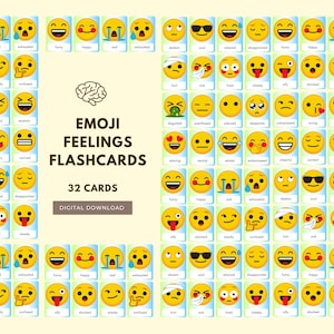 Flashcards de sentimentos emoji, regulação emocional para terapia SEL, 32 cartões digitais, bem-estar mental, ferramenta de comportamento, terapia imprimível, azul e verde