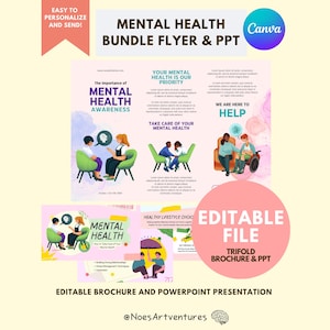 May include: A trifold brochure and PowerPoint presentation bundle with the text "Mental Health Bundle Flyer & PPT". The brochure includes illustrations of people in therapy sessions and the text "Mental Health Awareness". The design is in shades of purple, pink, and green.