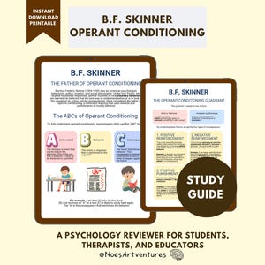 May include: Two digital study guides on operant conditioning by B.F. Skinner. The guides include the ABCs of operant conditioning and the operant conditioning quadrant. The text reads "Instant Download Printable" and "Study Guide".