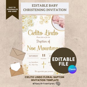Invitación de bautizo Cielito Lindo, plantilla editable dorada para bautizo, tarjeta fotográfica con bendición para bebé, evento de la vida, ocasión especial, rústico, floral, vintage