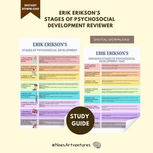 Puede incluir: Descarga digital de dos guías de estudio sobre las etapas del desarrollo psicosocial de Erik Erikson. Una es un revisor, la otra un cuestionario. Las guías tienen una etiqueta de guía de estudio en un diseño circular.